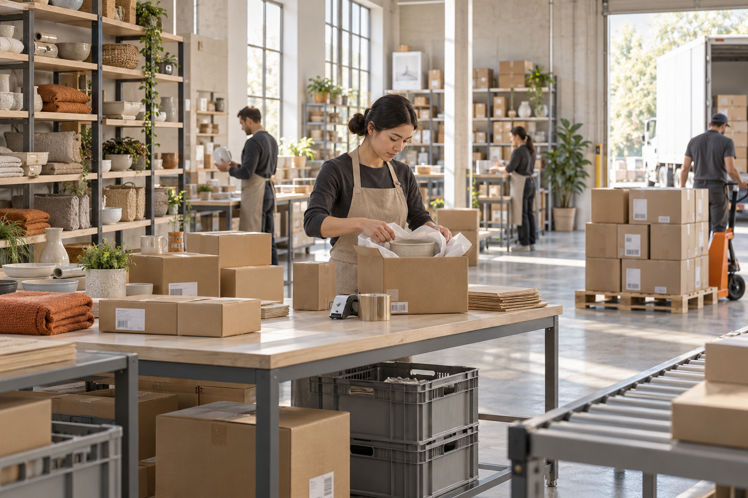 Factory team packing ready-stock home goods for dispatch