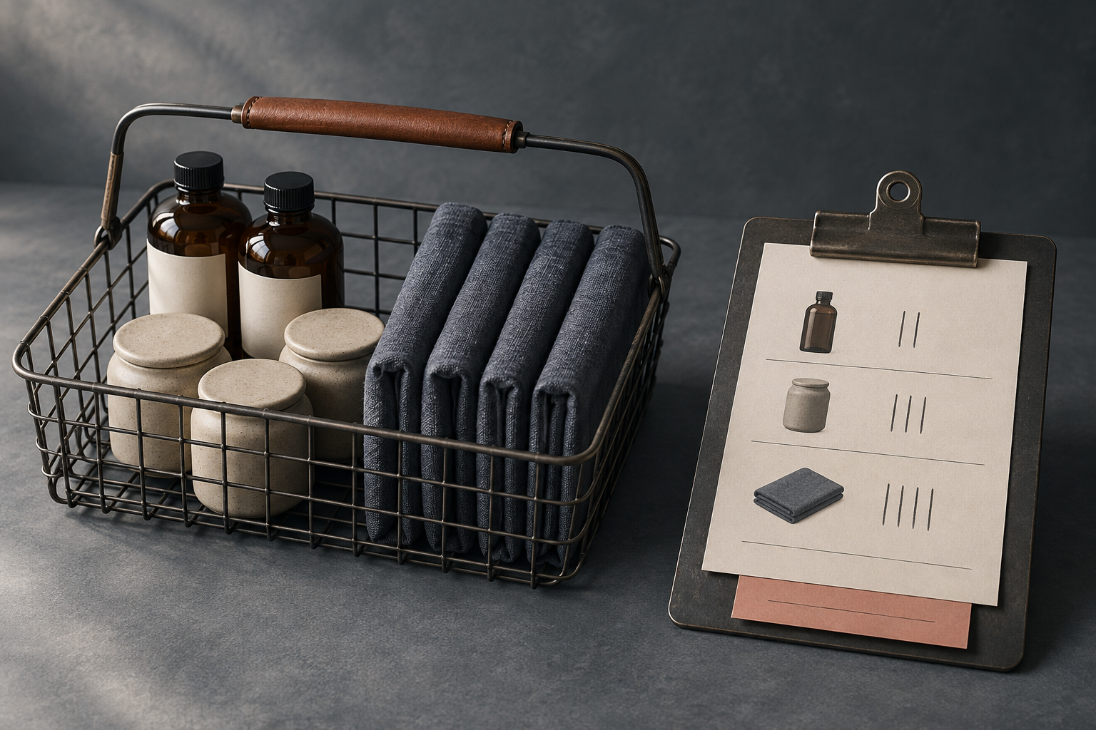 Three counted product groups in one basket beside a matching purchase order